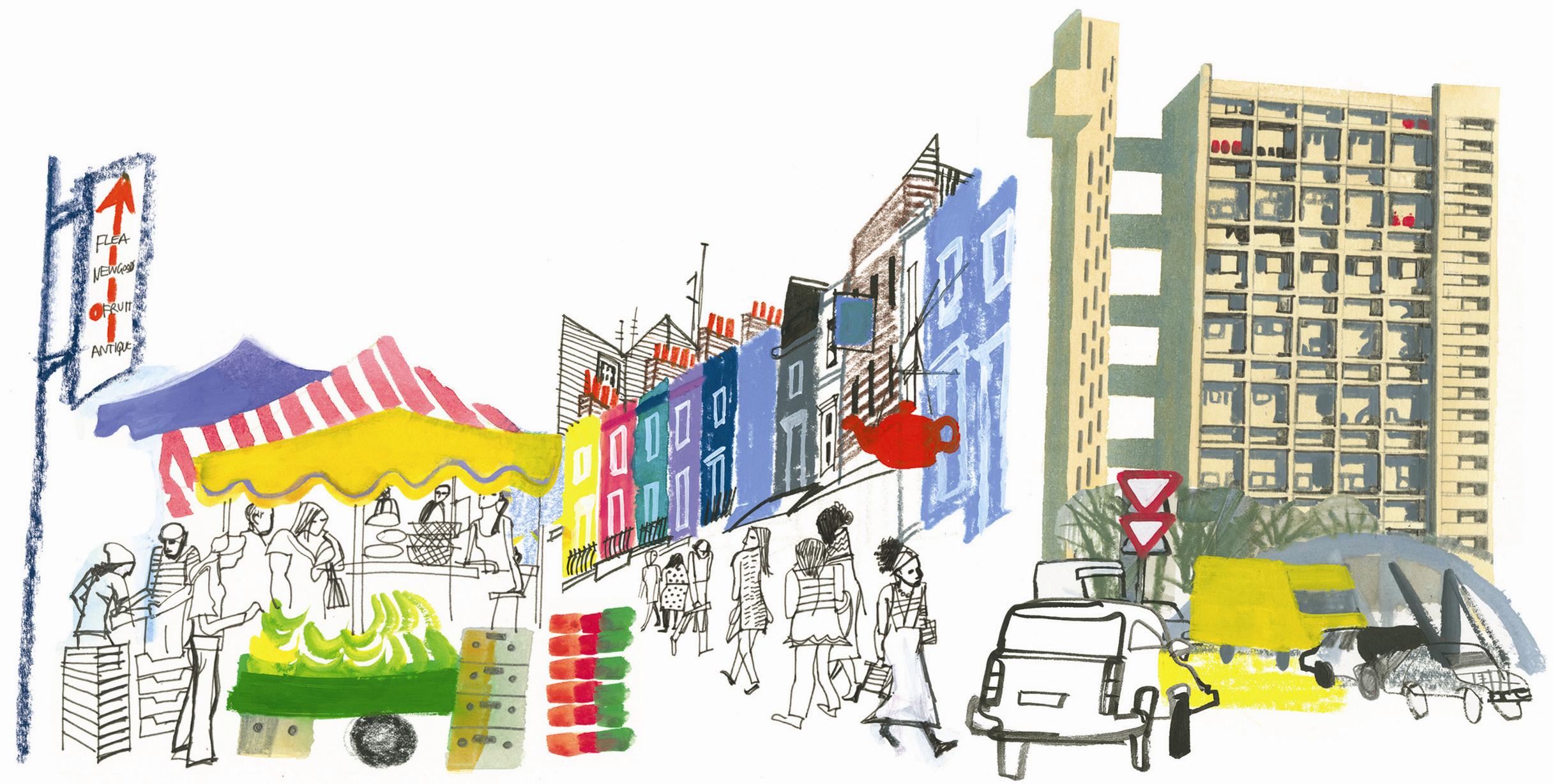 Drawing of Portobello road and Trellick Tower