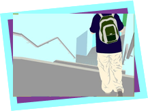 A graphic of a young person walking down a subway