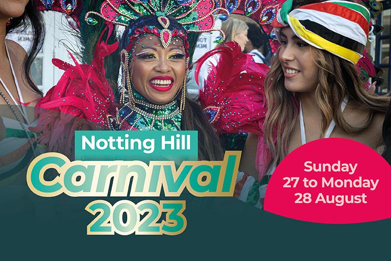 Notting Hill Carnival 2023. Sunday 27 to Monday 28 August. The image shows two women wearing Green and Pink sequin Samba Carnival costumes.