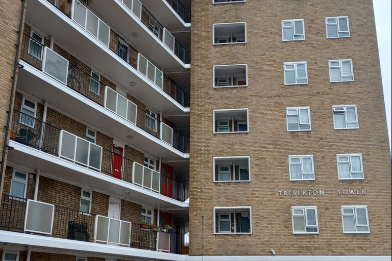 High rise tower block with balconies on show and a variety of plants seen 