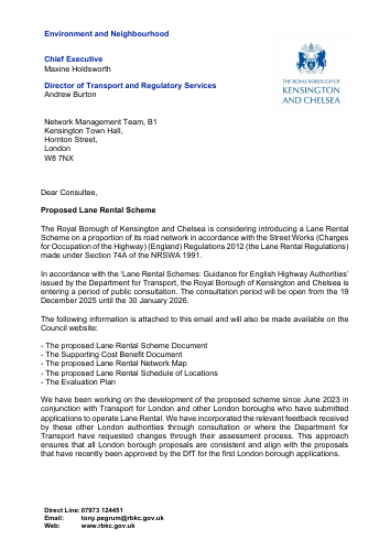 RBKC Lane Rental Scheme Consultation Letter Issued 19 Dec2025