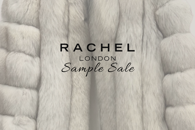 Event poster for the Rachel London sample sale featuring a light grey fur coat background