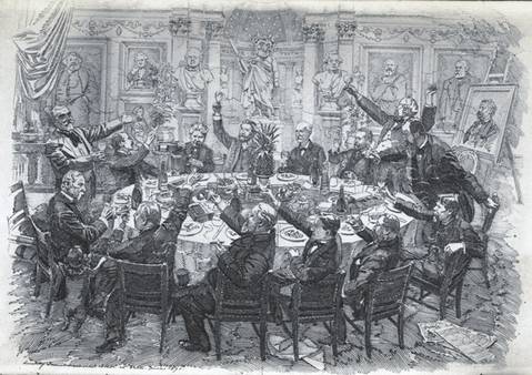 Mahogany Tree, 1891 depicting the famous Punch table that was installed at their offices where the subject of the week's political cartoon would be decided. Mahogany Tree