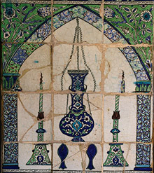 A sixteenth-century tile panel at Leighton House, depicting a hanging mosque lamp.