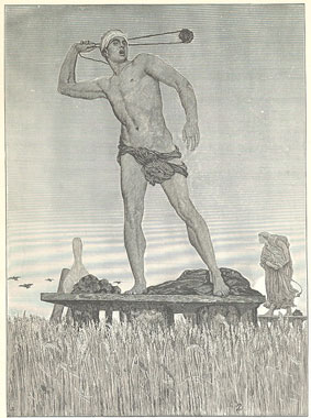 'Eastern Slinger Scaring Birds in the Harvest Time - Moonrise'