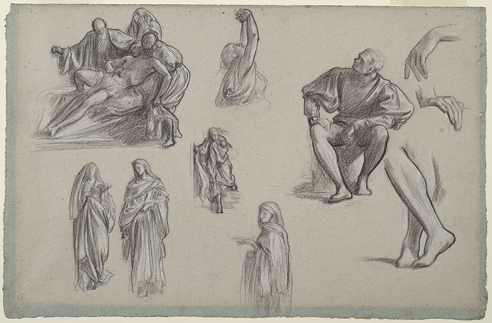 Studies for 'Dante in Exile' and for Illustrations to 'Dalziel's Bible Gallery': 'Death of the First Born', 'Eliezer and Rebekah', Male and Female Figures, Male Legs, Male Hands