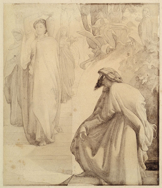 Study for an illustration for 'Dalziel's Bible Gallery': 'Eliezer and Rebekah', Composition