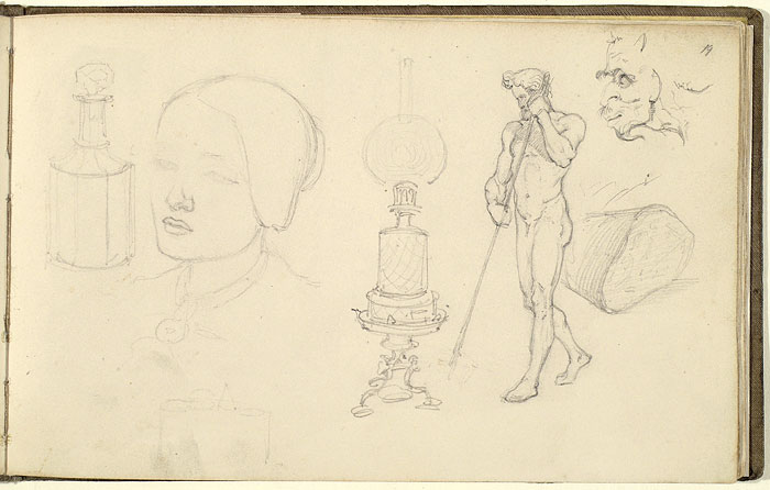 Studies of Male and Female Figures, a Decanter and a Lamp