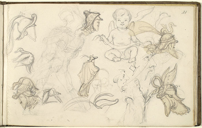 Studies of Male Figures, Helmets, Birds, a Cherub and Male Faces