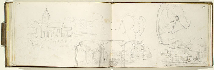 Studies of a Male Figure, Views of a Garden and a House