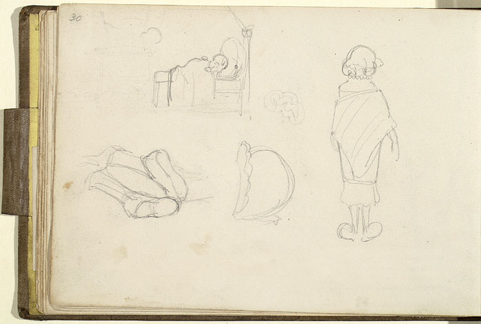 Studies of a Baby in a Bed, Girls Legs, A Bonnet and a Female Figure