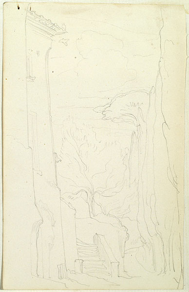 View of a Landscape with a Building and Steps, Italy
