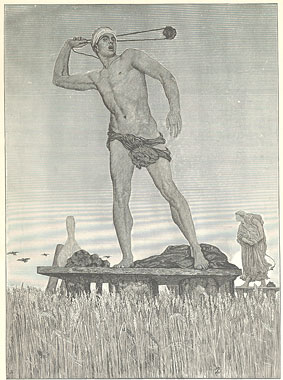'Eastern Slinger Scaring Birds in the Harvest Time - Moonrise'