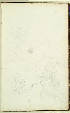 View of a Wooden Bridge, Shrubbery and a Figure