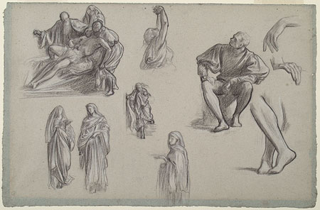 Studies for 'Dante in Exile' and for Illustrations to 'Dalziel's Bible Gallery': 'Death of the First Born', 'Eliezer and Rebekah', Male and Female Figures, Male Legs, Male Hands