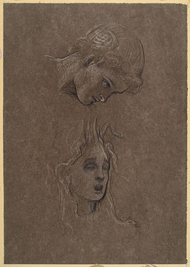 Study for 'Perseus on Pegasus Hastening': Head od Perseus, Head of Medusa