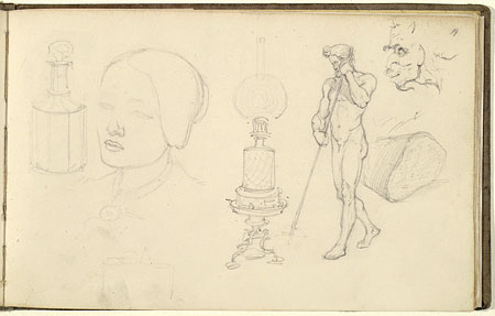 Studies of Male and Female Figures, a Decanter and a Lamp