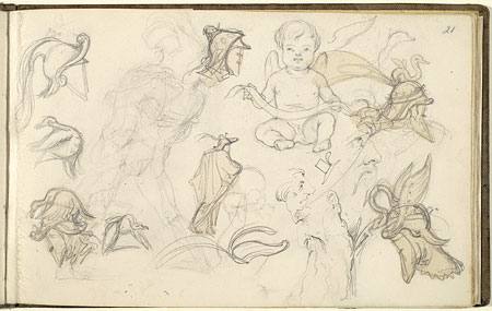 Studies of Male Figures, Helmets, Birds, a Cherub and Male Faces