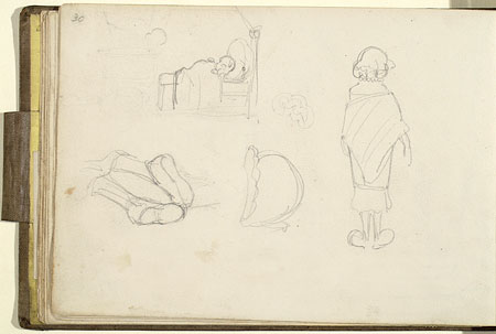 Studies of a Baby in a Bed, Girls Legs, A Bonnet and a Female Figure