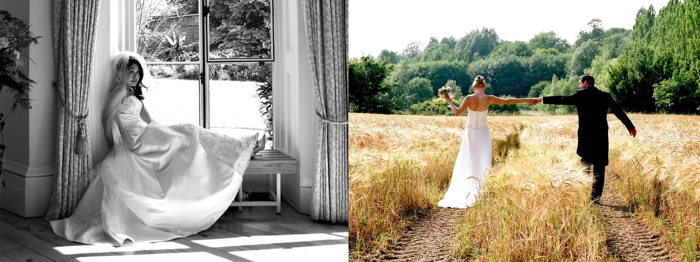 Woman in bridal dress sitting in windown, Married couple running down dirt track with flowers.