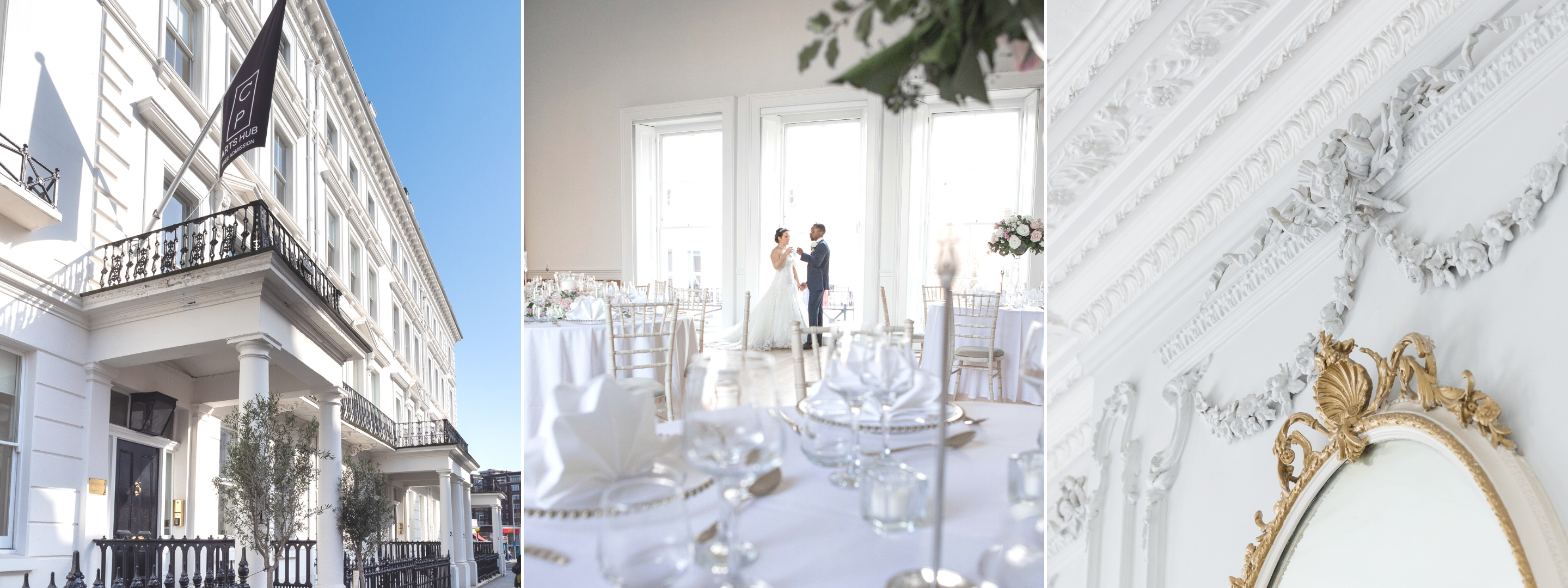 Three images showing the outside of the venue, a set dining room with wedding couple mid dance and of decorative details inside the venue