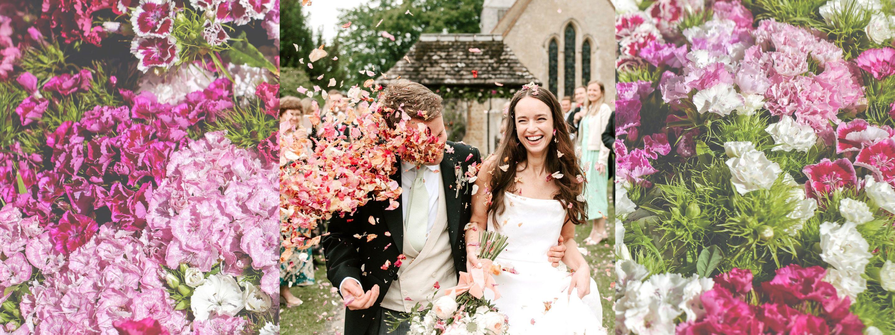 Wedding couple with flowers and confetti.