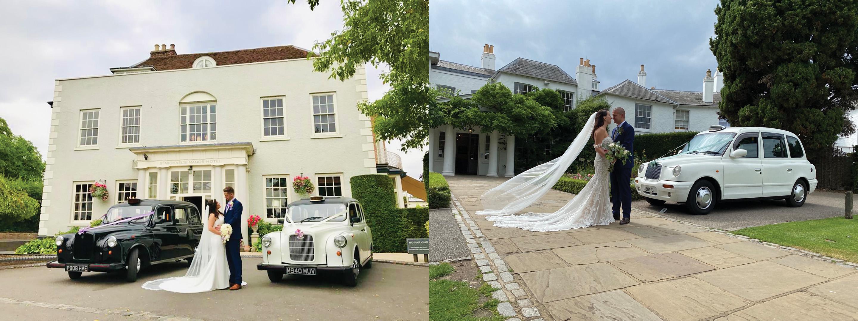 a couple standing outside a stately home