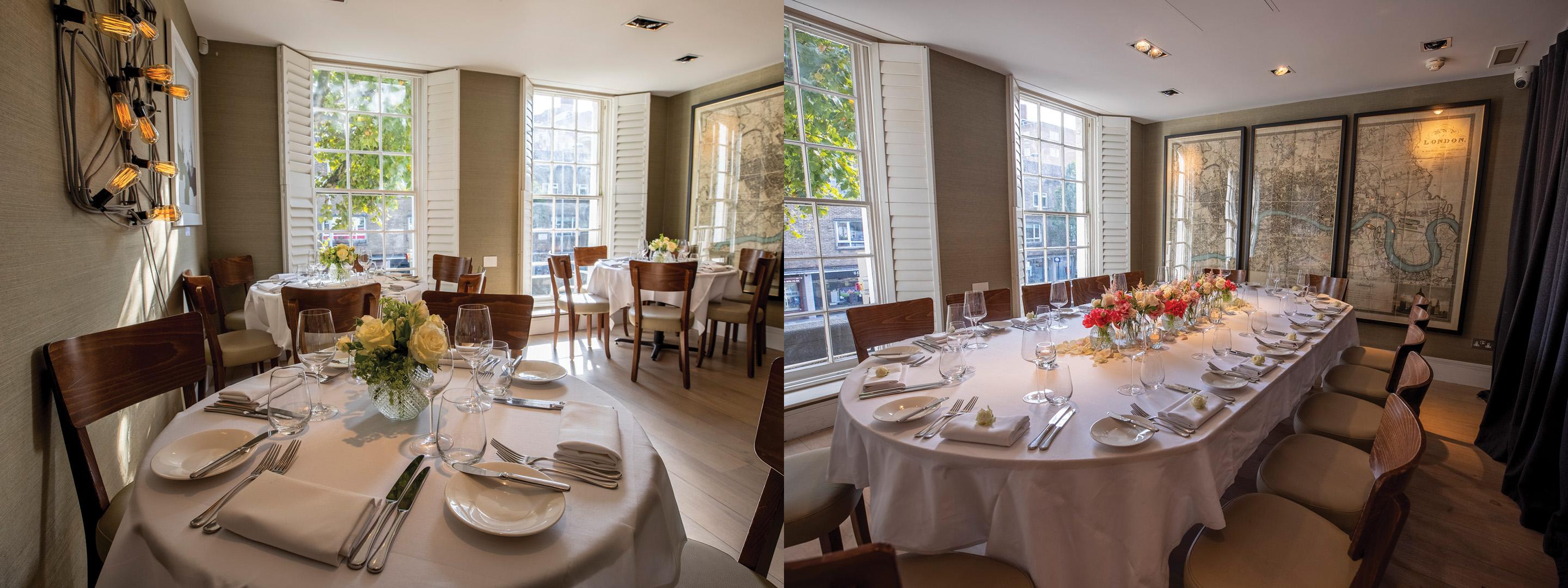 Restaurant table with plates and chairs