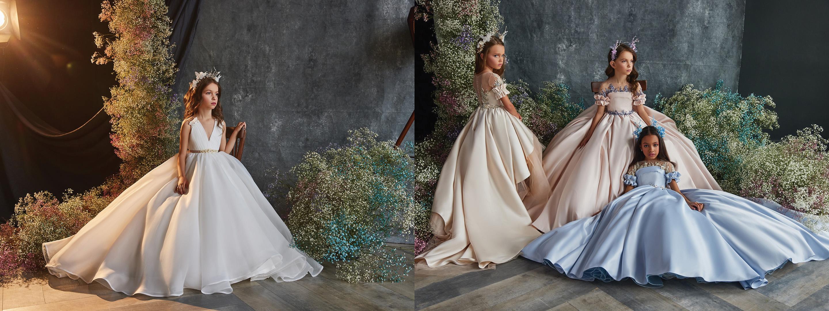 women wearing white and blue wedding dresses
