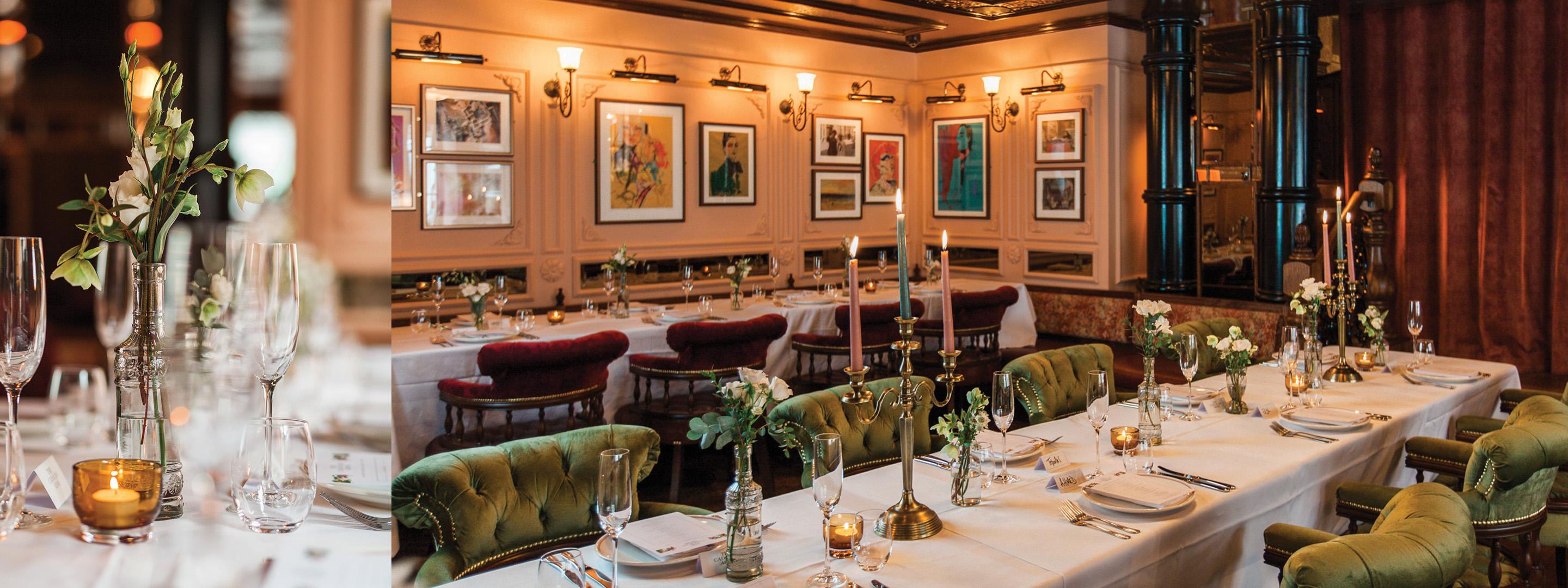 Restaurant table with plates and chairs