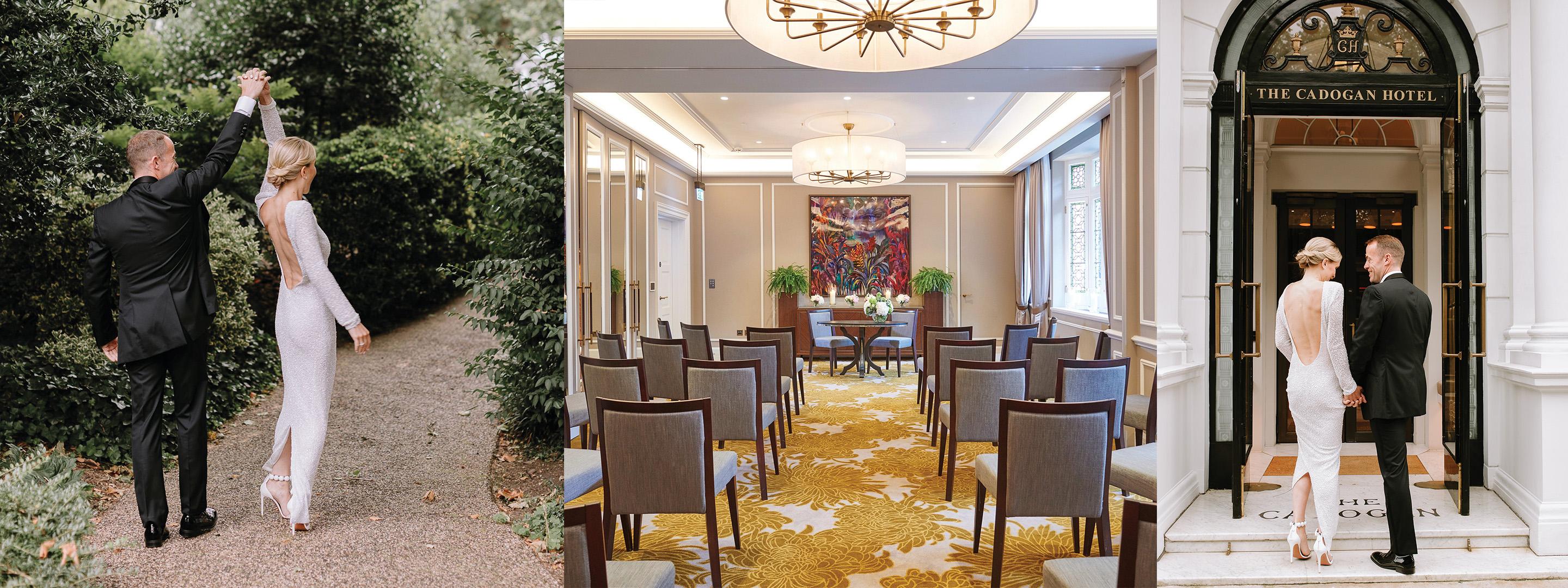 two couples walking and chairs in a hotel room