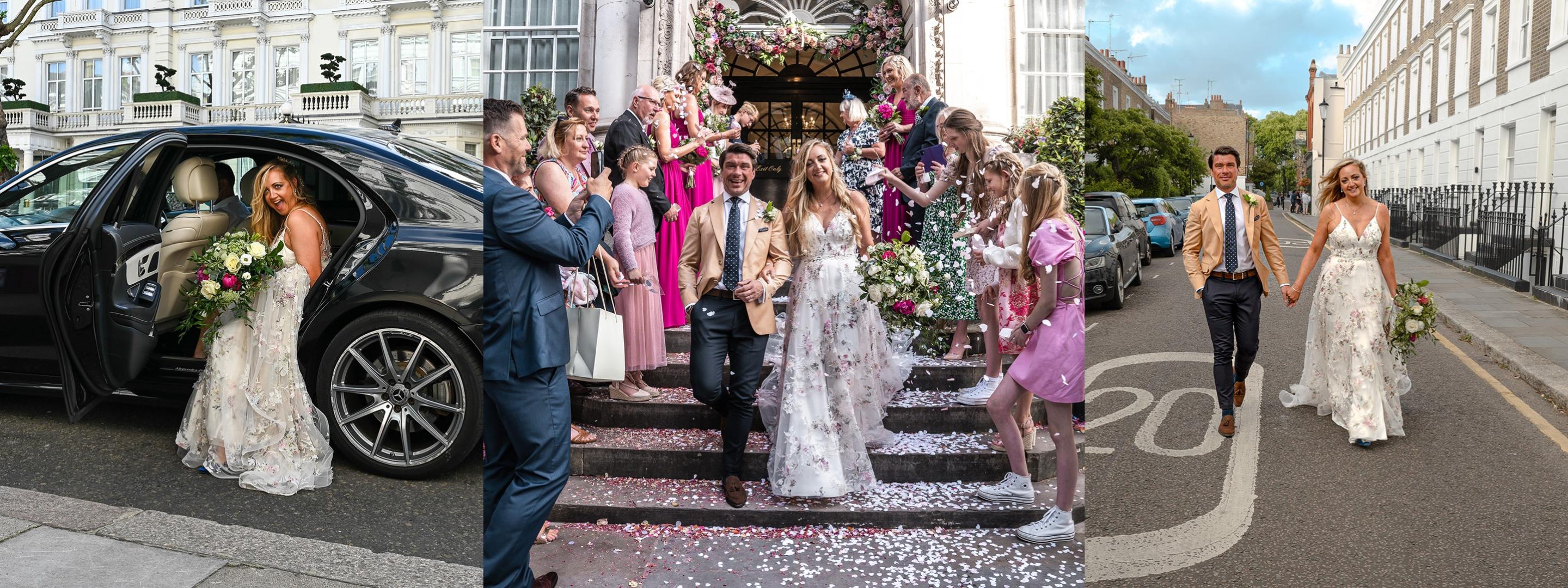 People wearing wedding clothes standing on the street