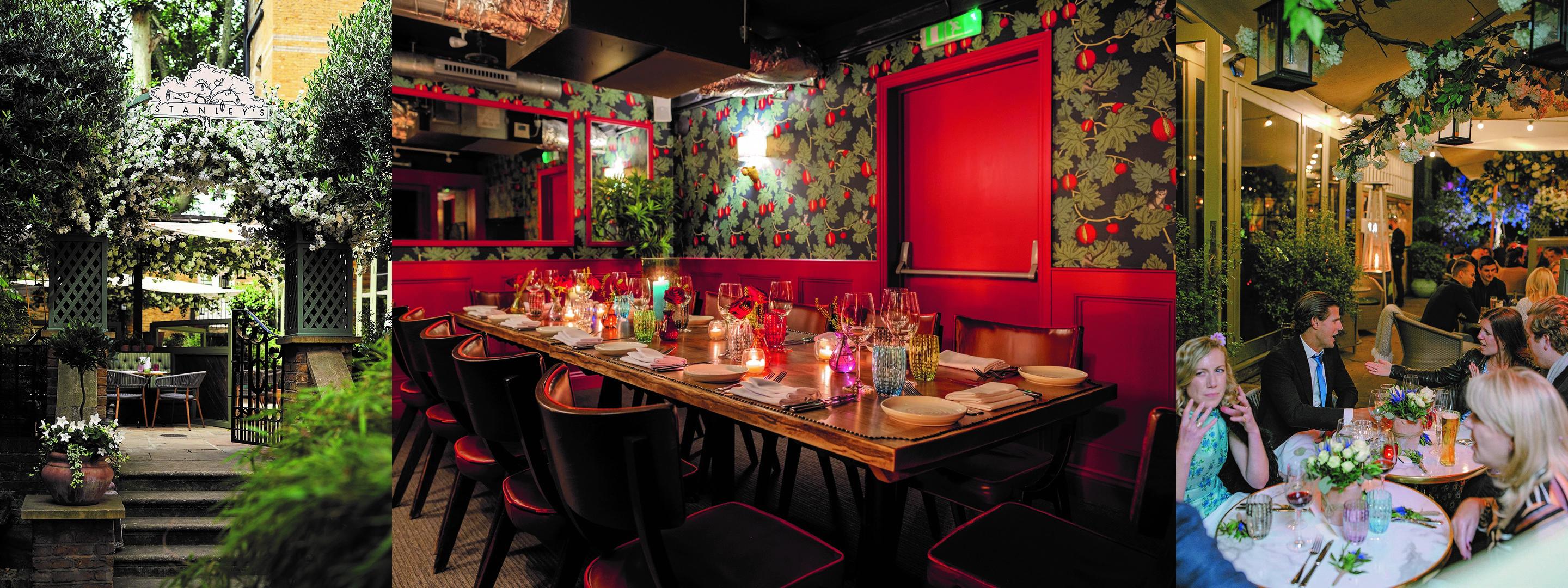 an image of a garden, a restaurant with red walls and people sitting around a table