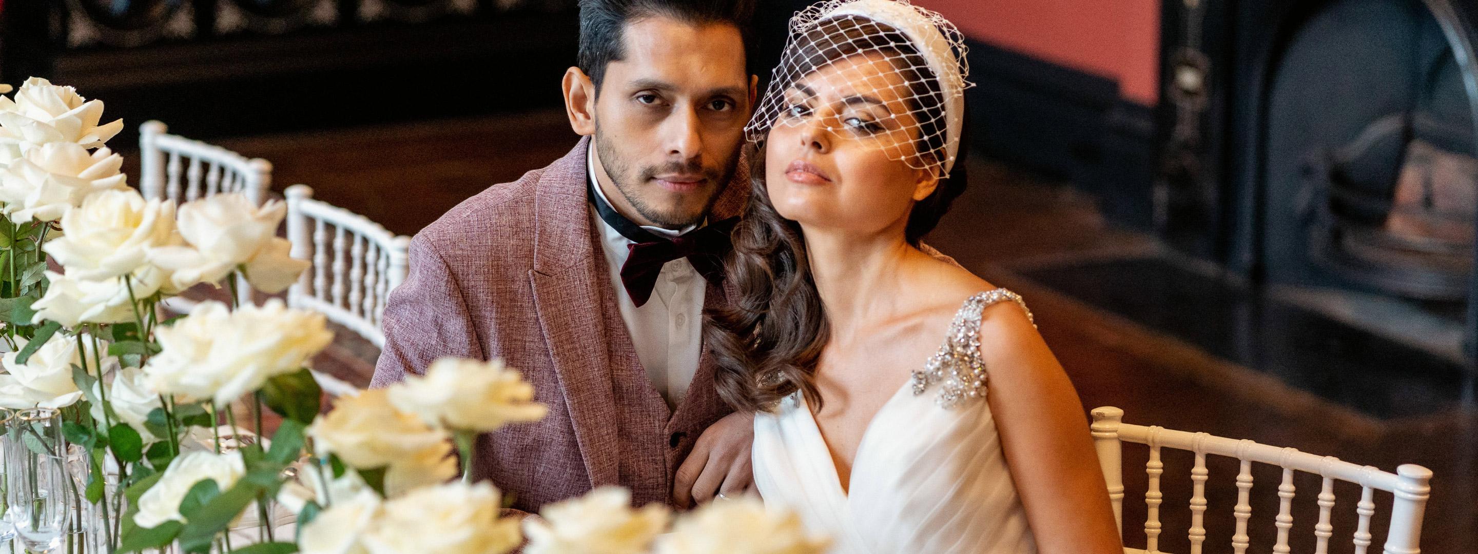 A newly wed man and a woman sitting at a table