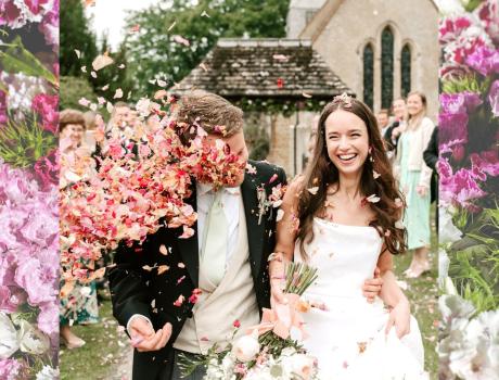 Wedding couple with flowers and confetti.
