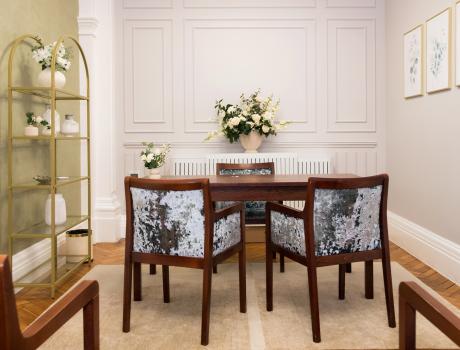 Close view of the picture table and chairs in the Harrington room