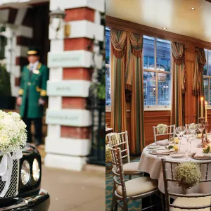 a car parked outside of a hotel and a table with plates and flowers