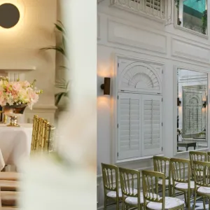 a dinner table and a row of chairs