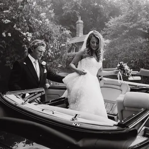 A wedding couple in a prestige car