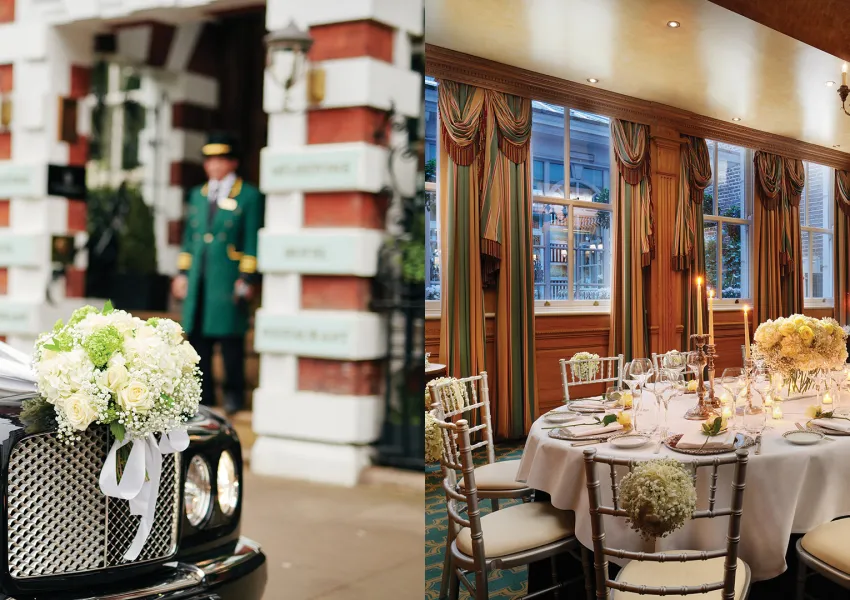 a car parked outside of a hotel and a table with plates and flowers