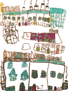 A London street, drawn by Nico, age 6