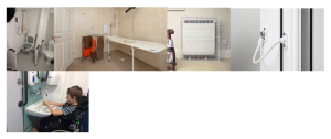 A series of photos showing possible adaptations to the home. The adaptations pictured include bathroom aids, changing benches, radiator guards, door locks, and wheelchair-friendly utilities.