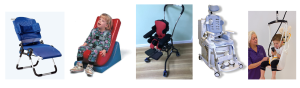 A series of photos showing a range of equipment that may be able to be loaned. These include specialist seats, walkers, wheelchairs and hoists