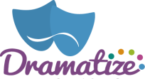 Dramatize logo. Two blue theatre masks are shown above the name "Dramatize"