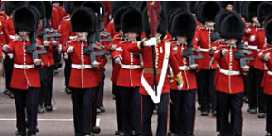 A photo of the Foot Guards marching.