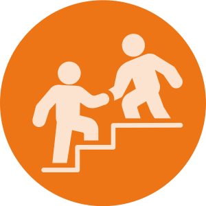 a cartoon image of one person helping another climb a set of steps