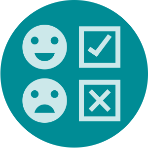 an illustration of a happy face next to a tick and a sad face next to a cross