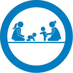an illustration of 2 female adults seating on the floor playing with a baby and a toddler