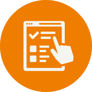 an icon of a hand pointing at sheet with a list and a tick