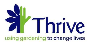 Thrive logo. The icon shows half of a flower joined with half of a green hand. It reads: Thrive, using gardening to change lives.